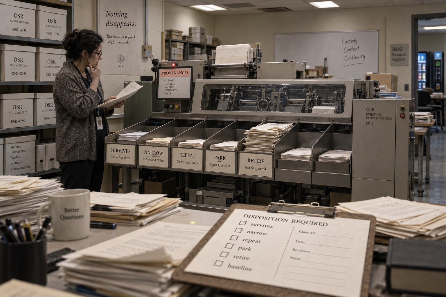 The processing center: claims can survive, narrow, repeat, park or retire.