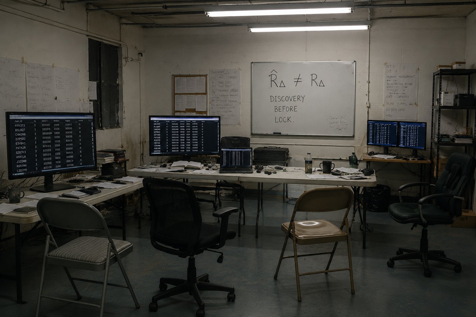 A plain room with monitors showing blinded data and a whiteboard reading R-hat Delta does not equal R Delta