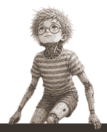 An illustration of Zexel as a curious child — part boy, part clockwork automaton — looking upward.